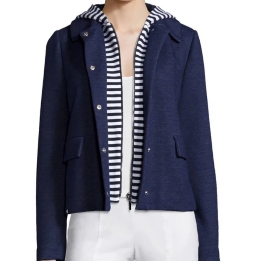 Tory Burch navy blue detachable striped hoodie jacket coat style# 11162501
